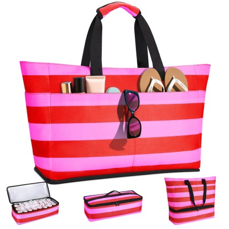 Vewaci Beach Bag with Detachable Cooler, 54L Large Beach Bags Waterproof Sandproof for Women, Beach Tote Pool Bag with Zipper for Family (Pink)